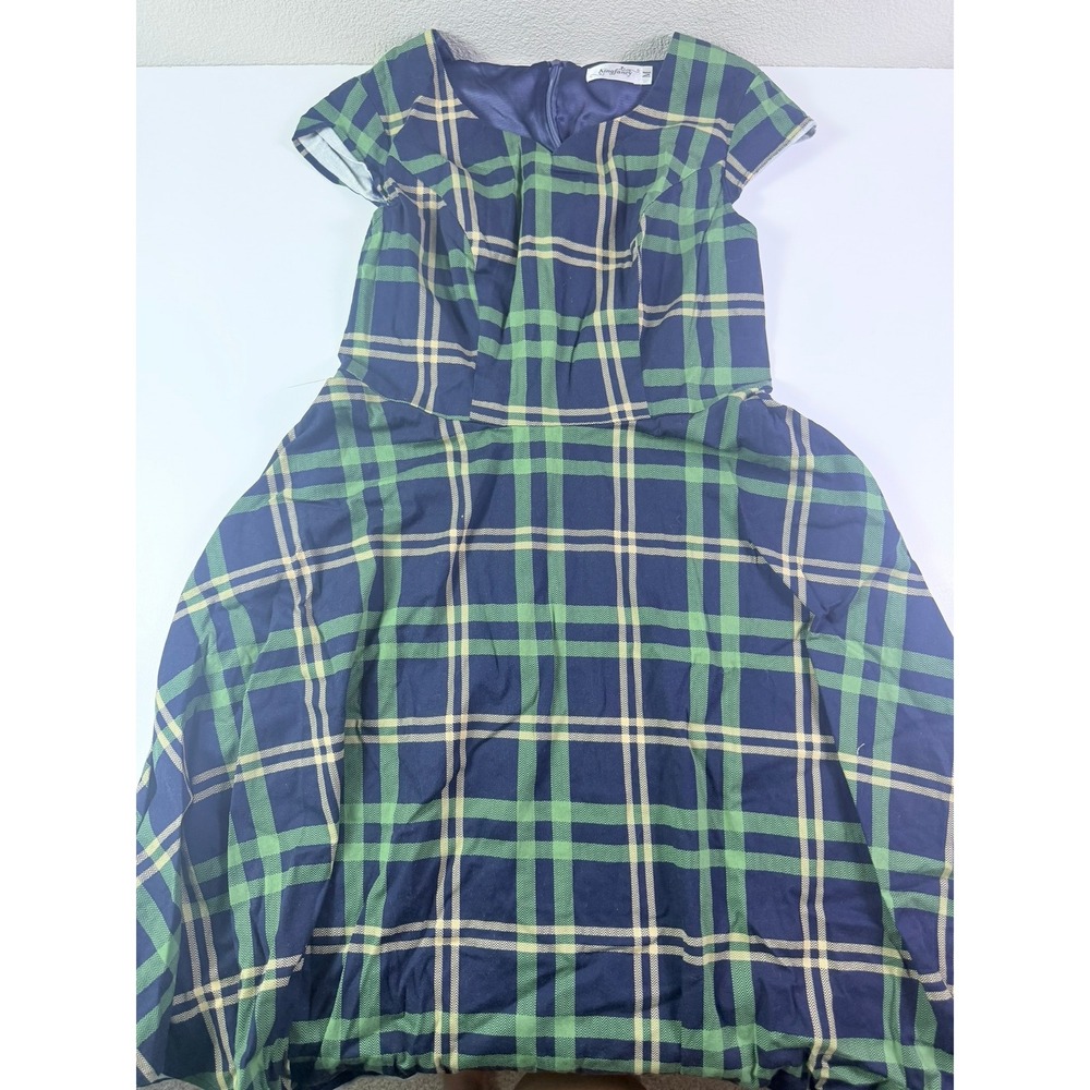 1950s Retro Style Green Navy Plaid Fit & Flare Rockabilly Vintage Style Dress M